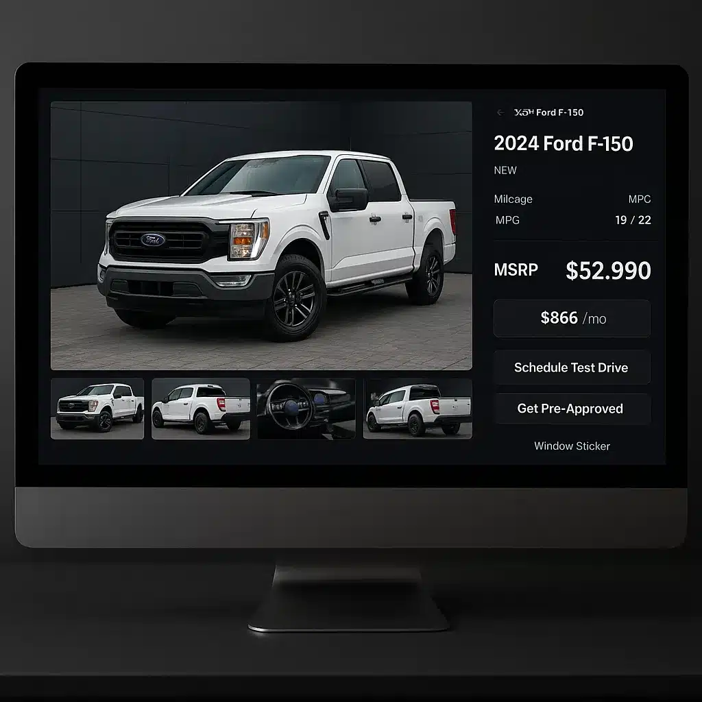Real-time dealership inventory search page with vehicle filters and rich VDP detail cards