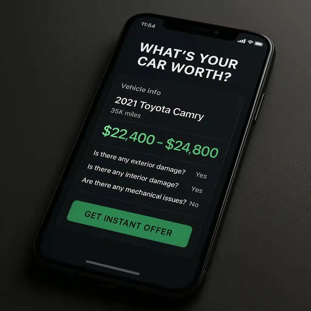 Online trade-in value estimator tool with vehicle condition assessment and instant offer
