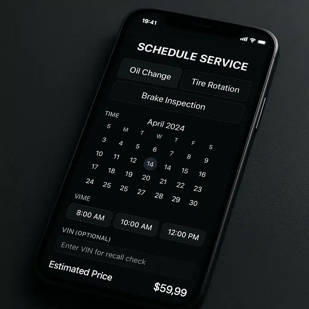 Online service appointment booking interface with maintenance menu and advisor selection
