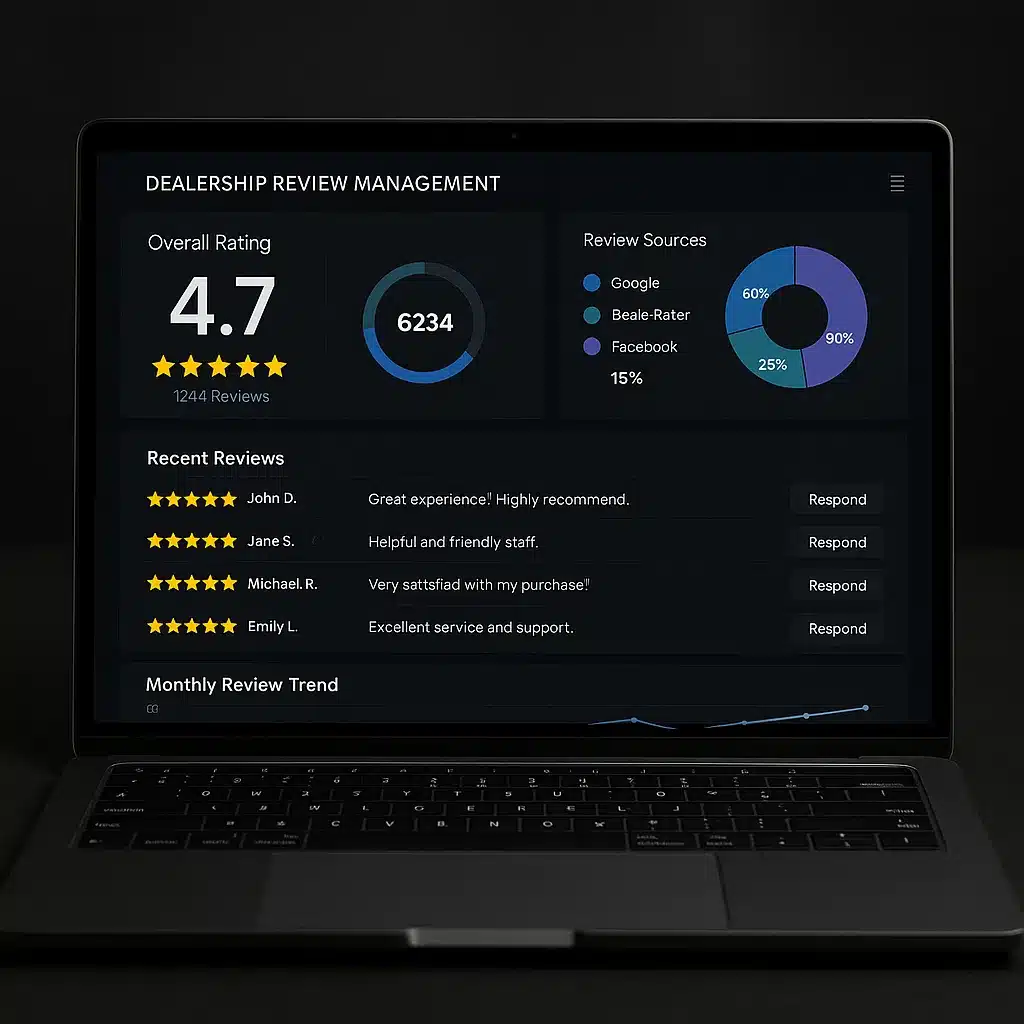 Dealership reputation management dashboard showing Google review ratings and customer testimonials