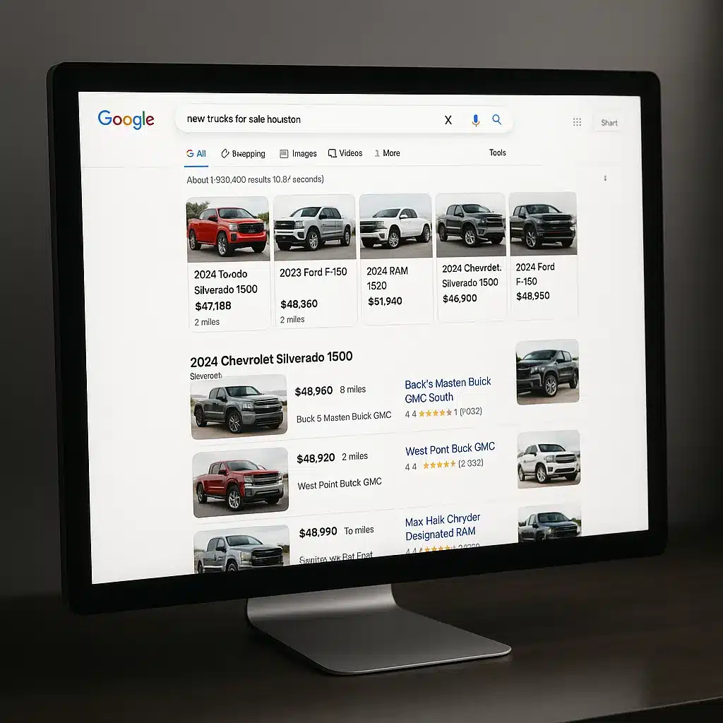 Dealer SEO analytics showing vehicle schema markup results and local search rankings