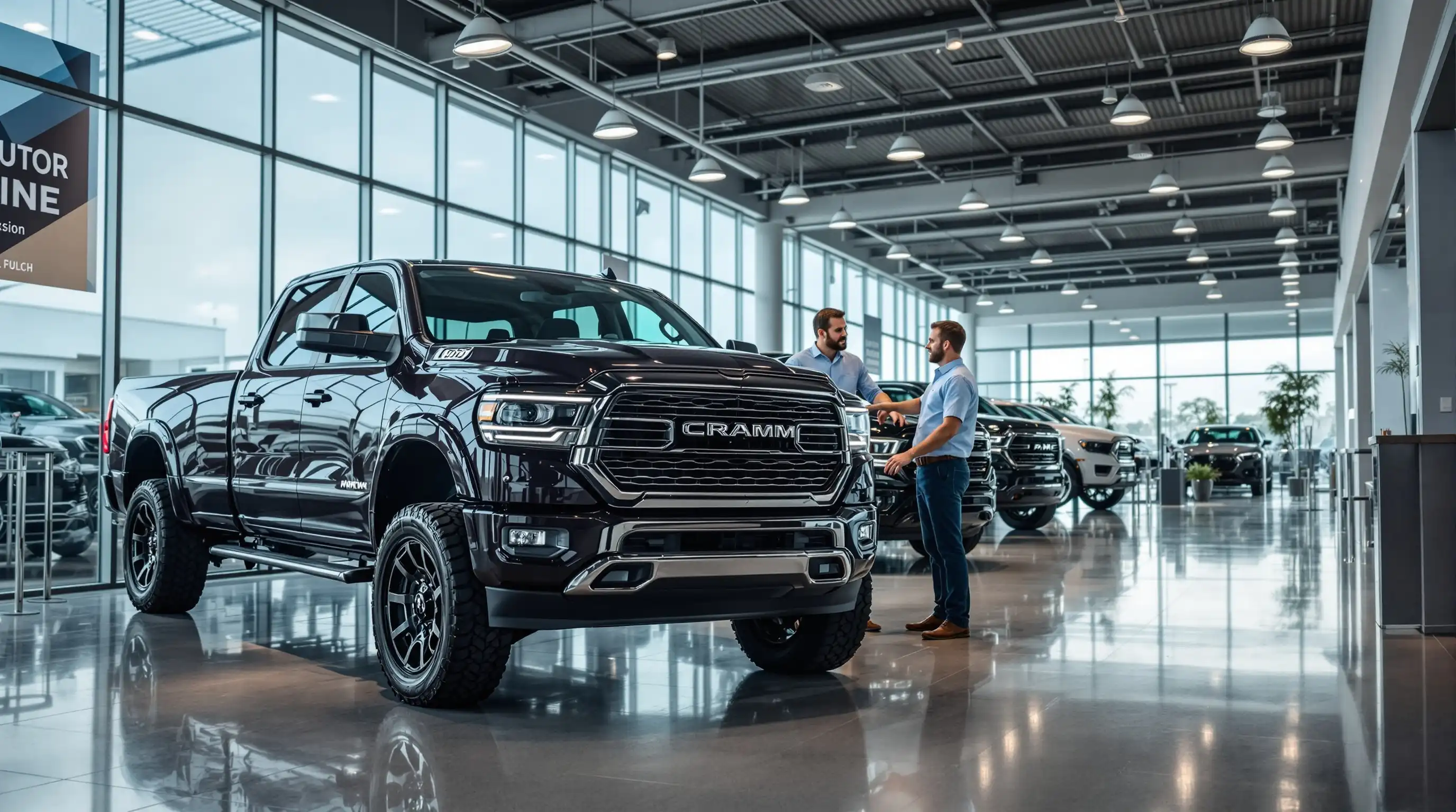 Houston auto dealership showroom with vehicles and digital display screens for online sales