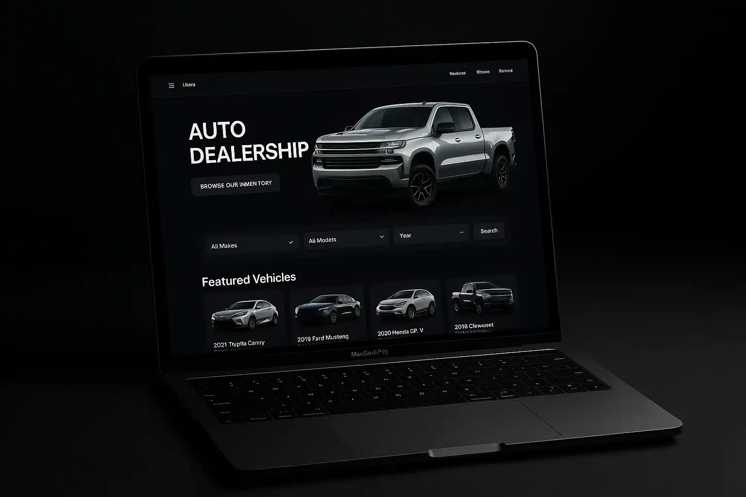 Custom dealership website mockup on laptop showing vehicle inventory search and digital retailing tools