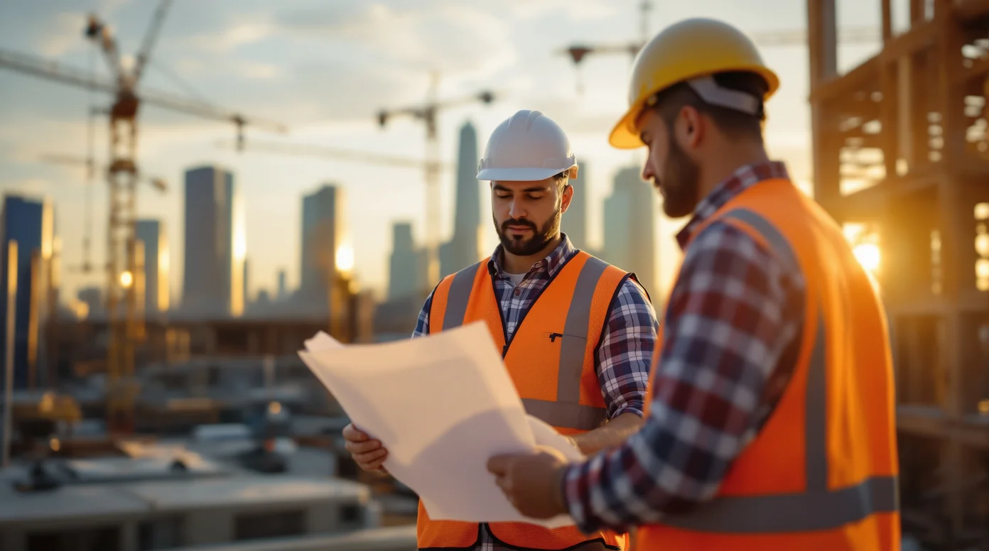 Houston construction team reviewing blueprints on a commercial job site
