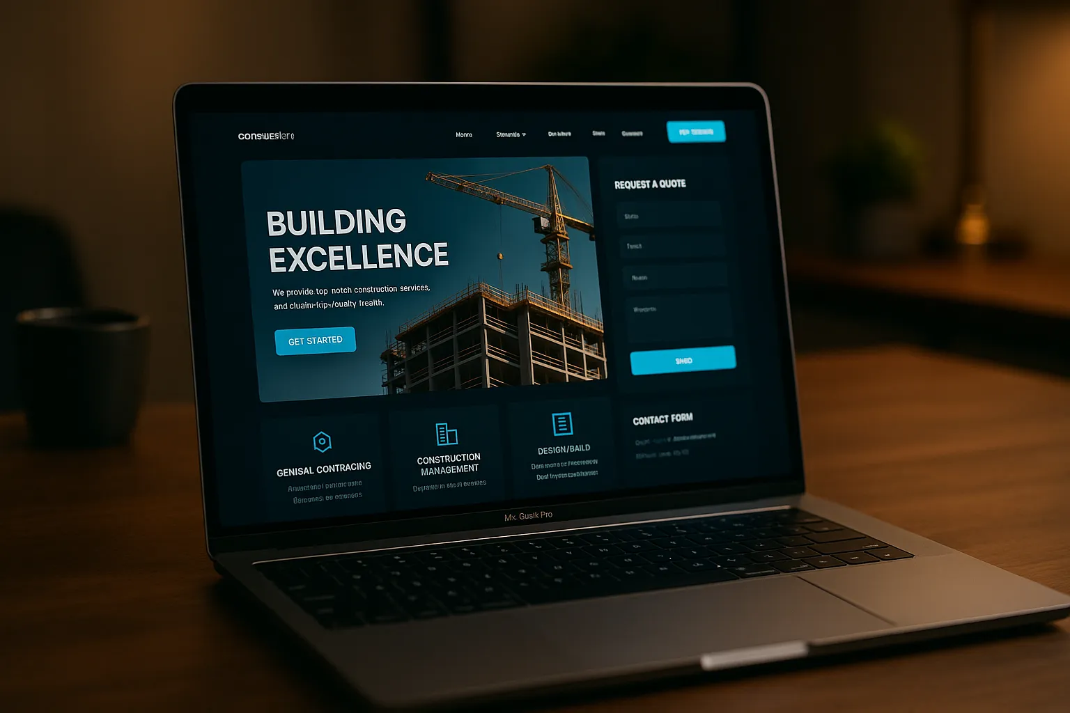 Construction company website displayed on laptop showing project gallery