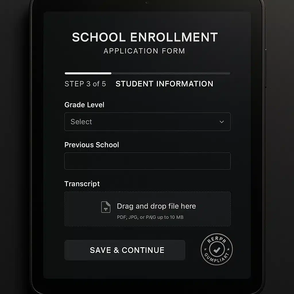 Online school enrollment application form with document upload and progress tracking for admissions