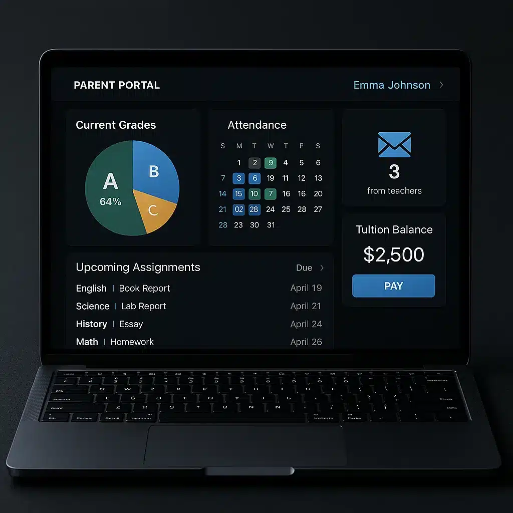 Parent and student portal showing grades, class schedule, assignments, and school announcements