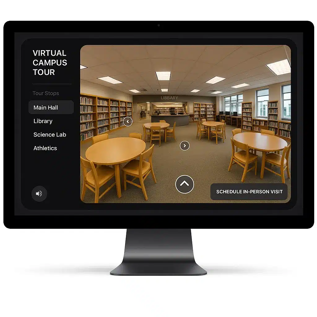 Interactive virtual campus tour with 360-degree classroom views and campus map navigation