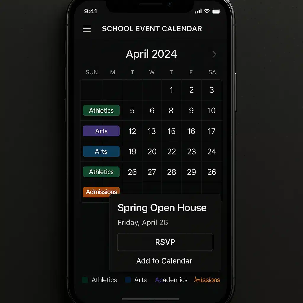 School event calendar with sports schedules, parent-teacher conferences, and community activities