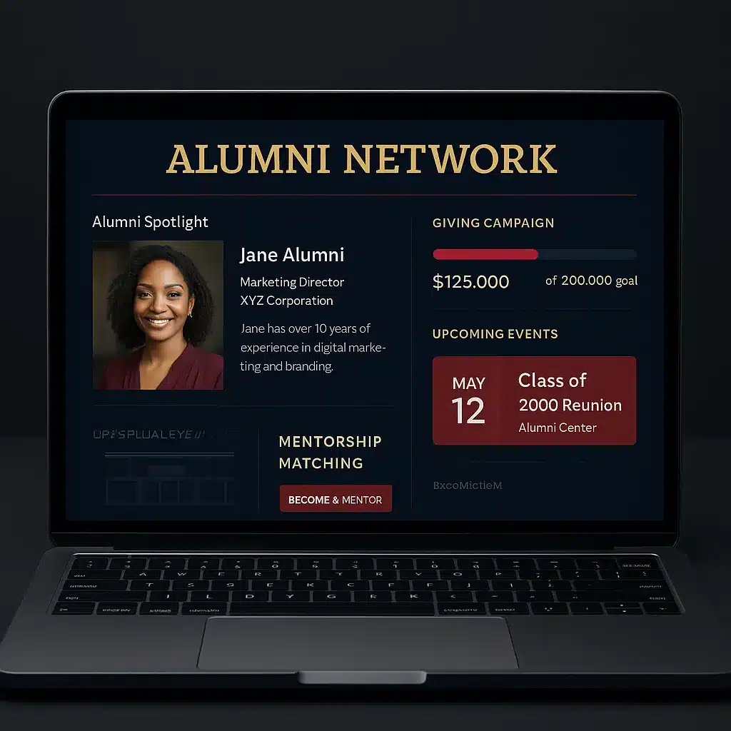 Alumni engagement platform with graduate profiles, donation portal, and networking events