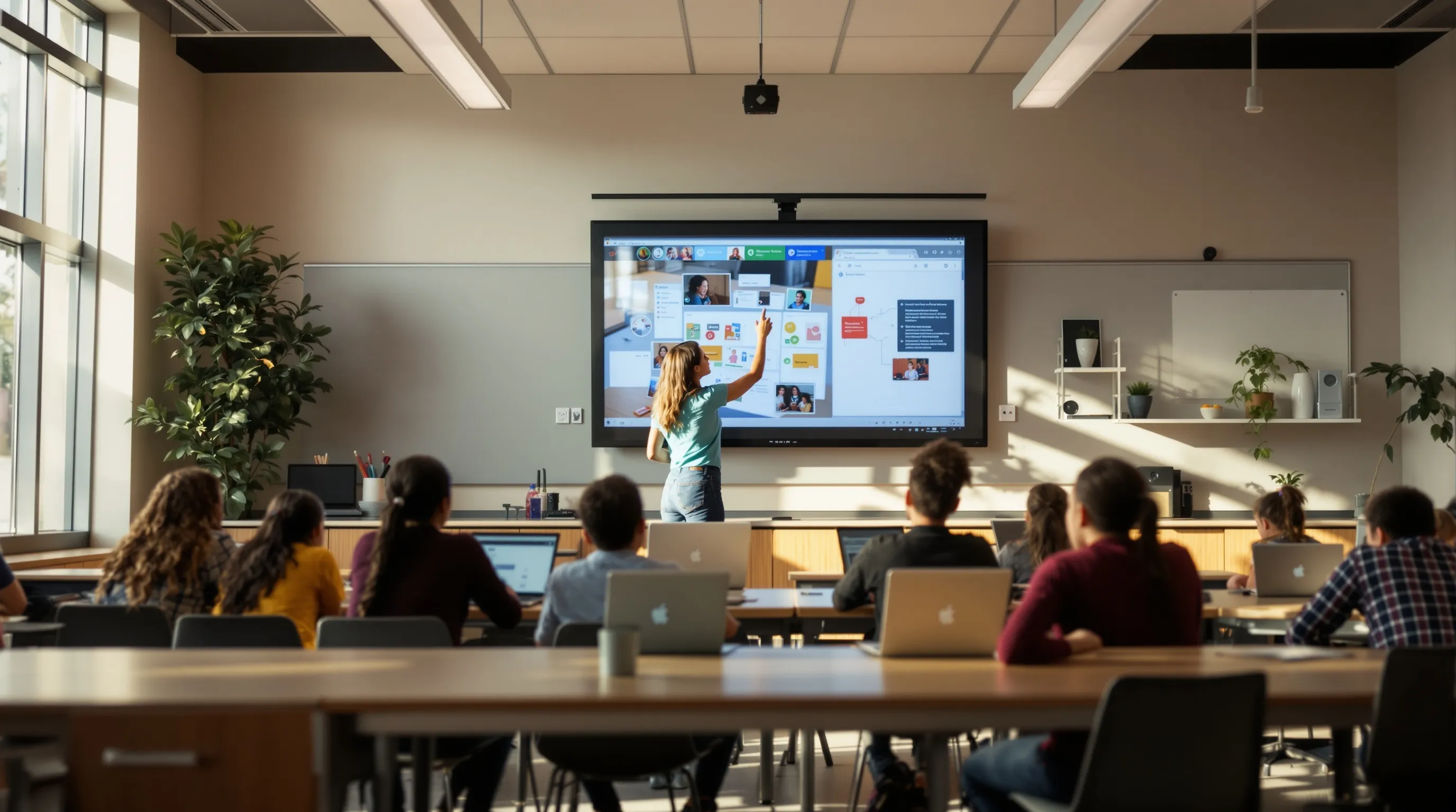 Modern private school campus in Houston with students and faculty in a technology-equipped learning environment