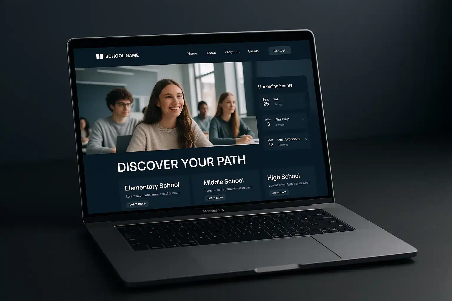 Modern school website design on laptop showing online enrollment portal and virtual campus tour