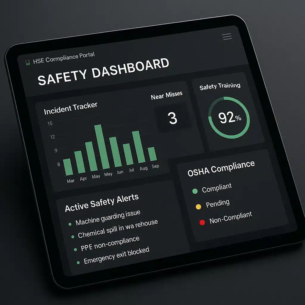 HSE compliance portal showing safety data sheets, incident report forms, and OSHA compliance dashboard