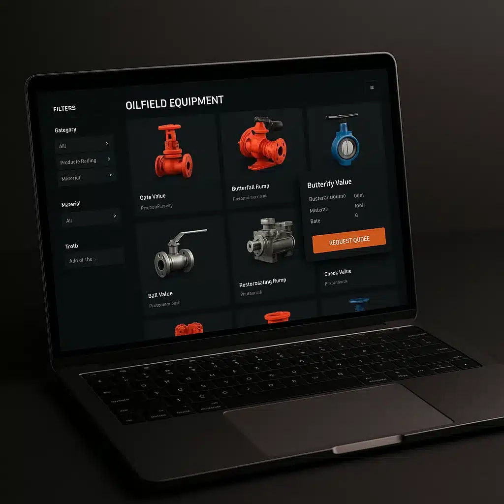 Searchable oilfield equipment catalog with product specifications, filtering, and RFQ submission form