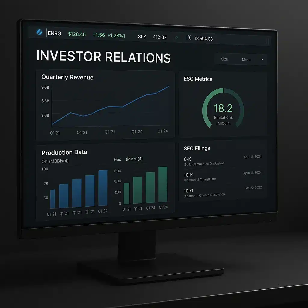 Investor relations portal showing SEC filings, earnings presentations, and stock performance chart