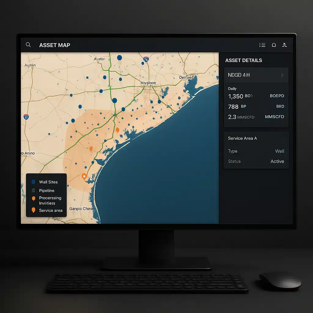 Project showcase with interactive asset map showing upstream and midstream operations locations