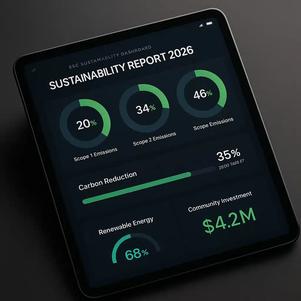 ESG and sustainability reporting hub with carbon emissions data, community impact metrics, and SDG alignment