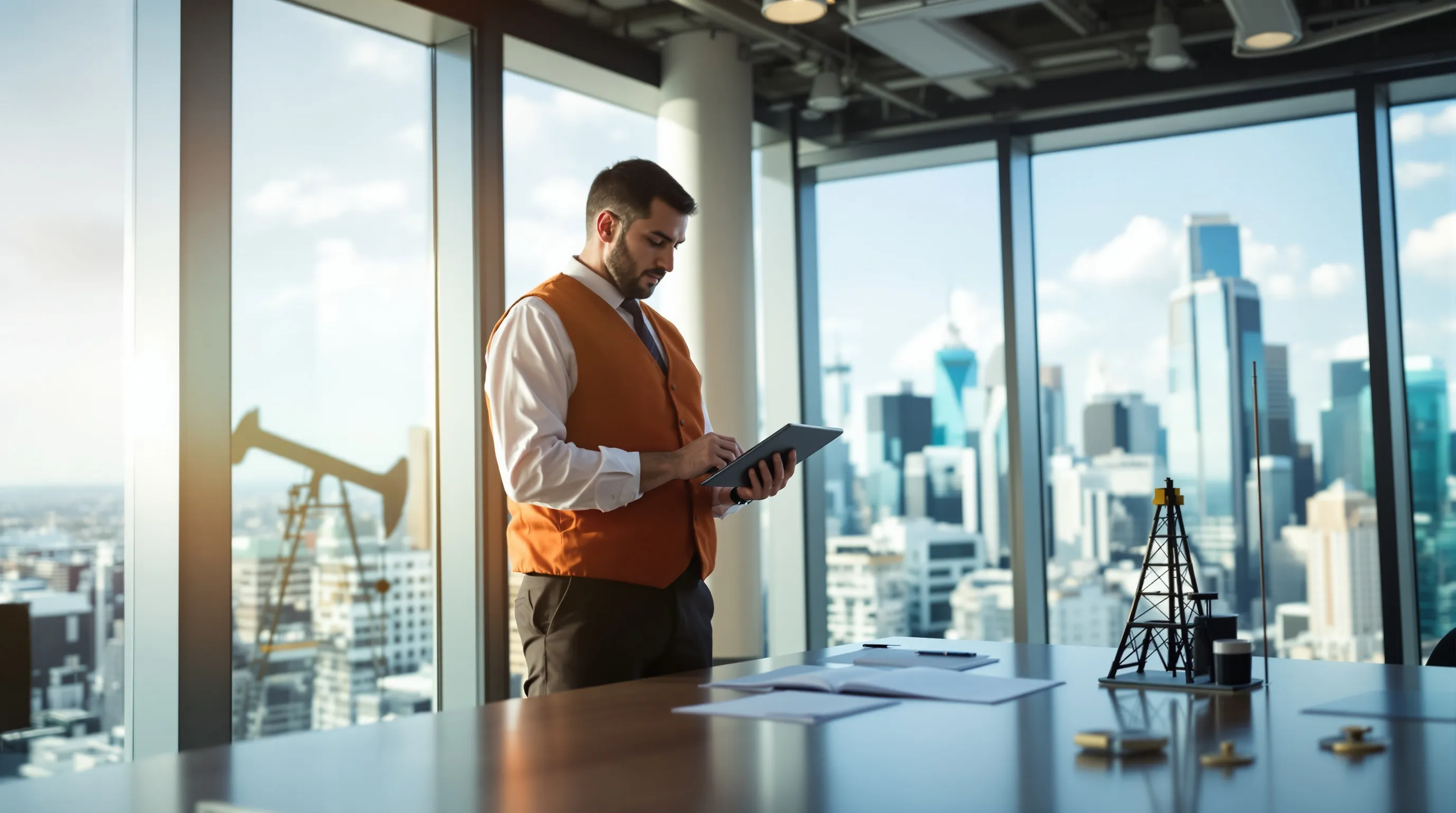 Houston energy district skyline with oil and gas company headquarters and modern industrial operations