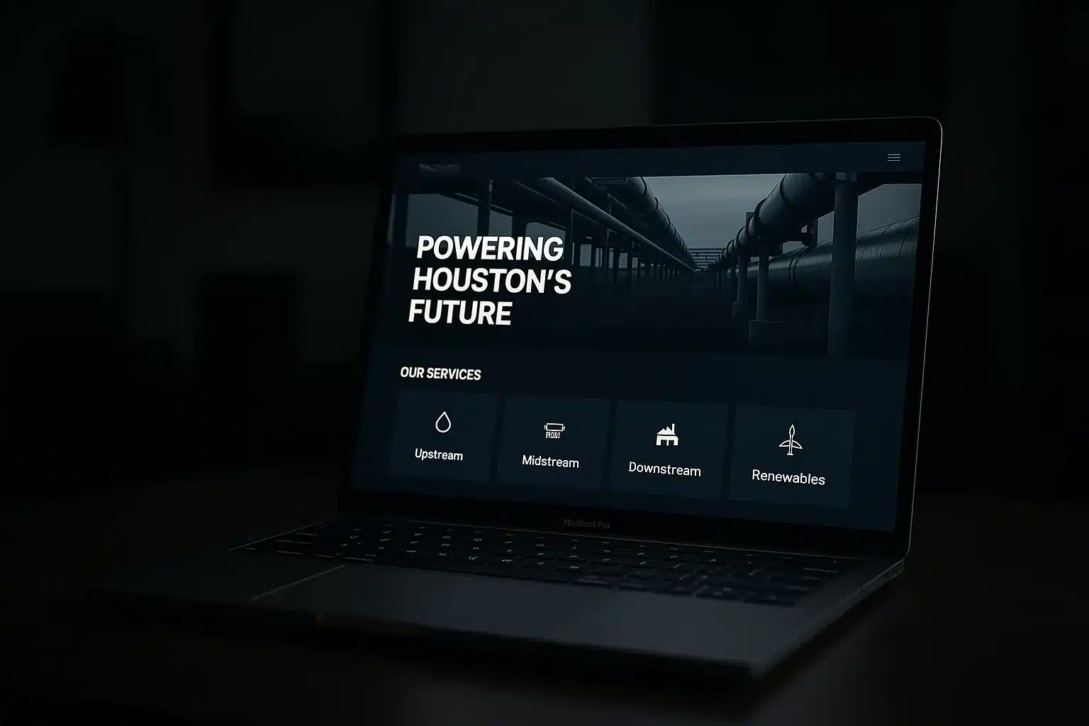 Modern energy company website design on laptop showing HSE compliance dashboard and project portfolio