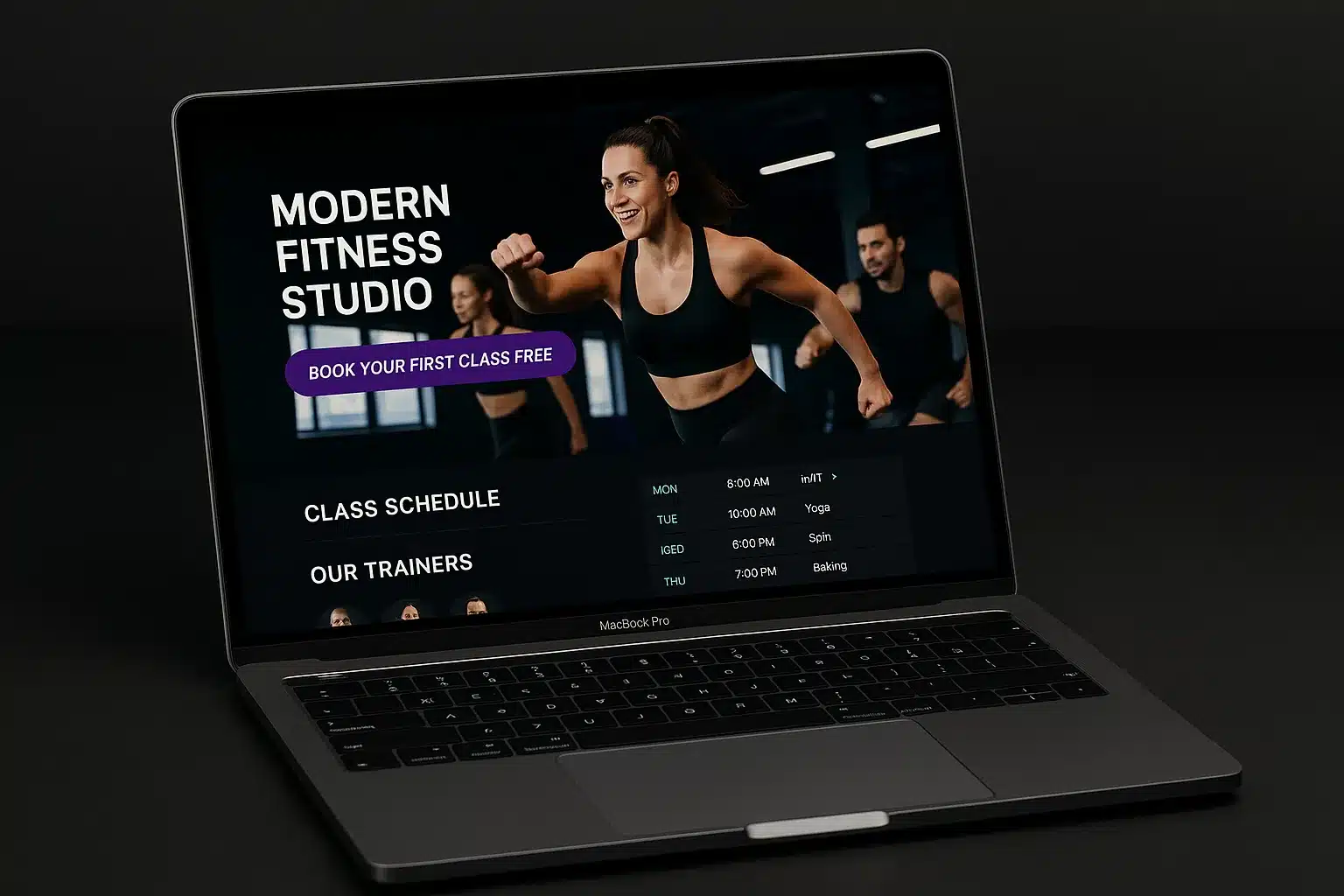 Branded fitness studio website mockup on laptop showing class schedule booking and membership portal