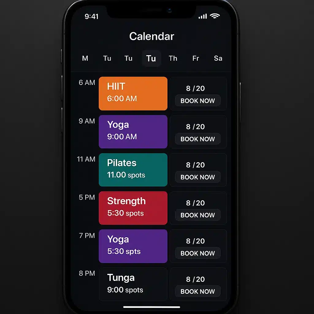 Branded class schedule and booking interface for boutique fitness studio with real-time availability