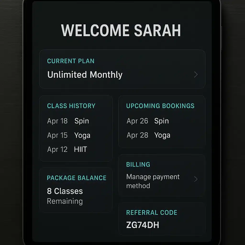 Member portal dashboard showing class packages, billing history, and upcoming reservations