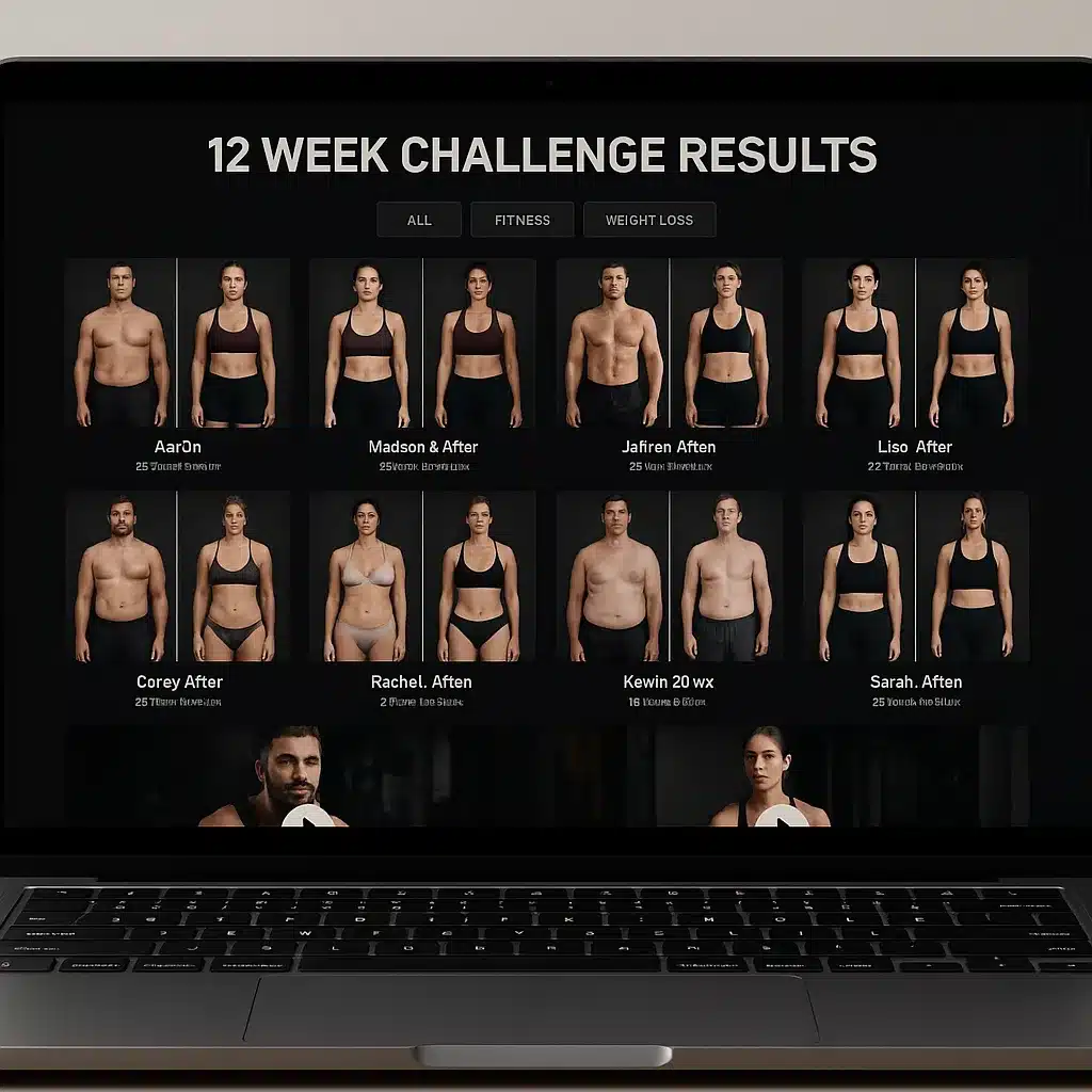 Client transformation gallery with before and after photos and testimonial stories