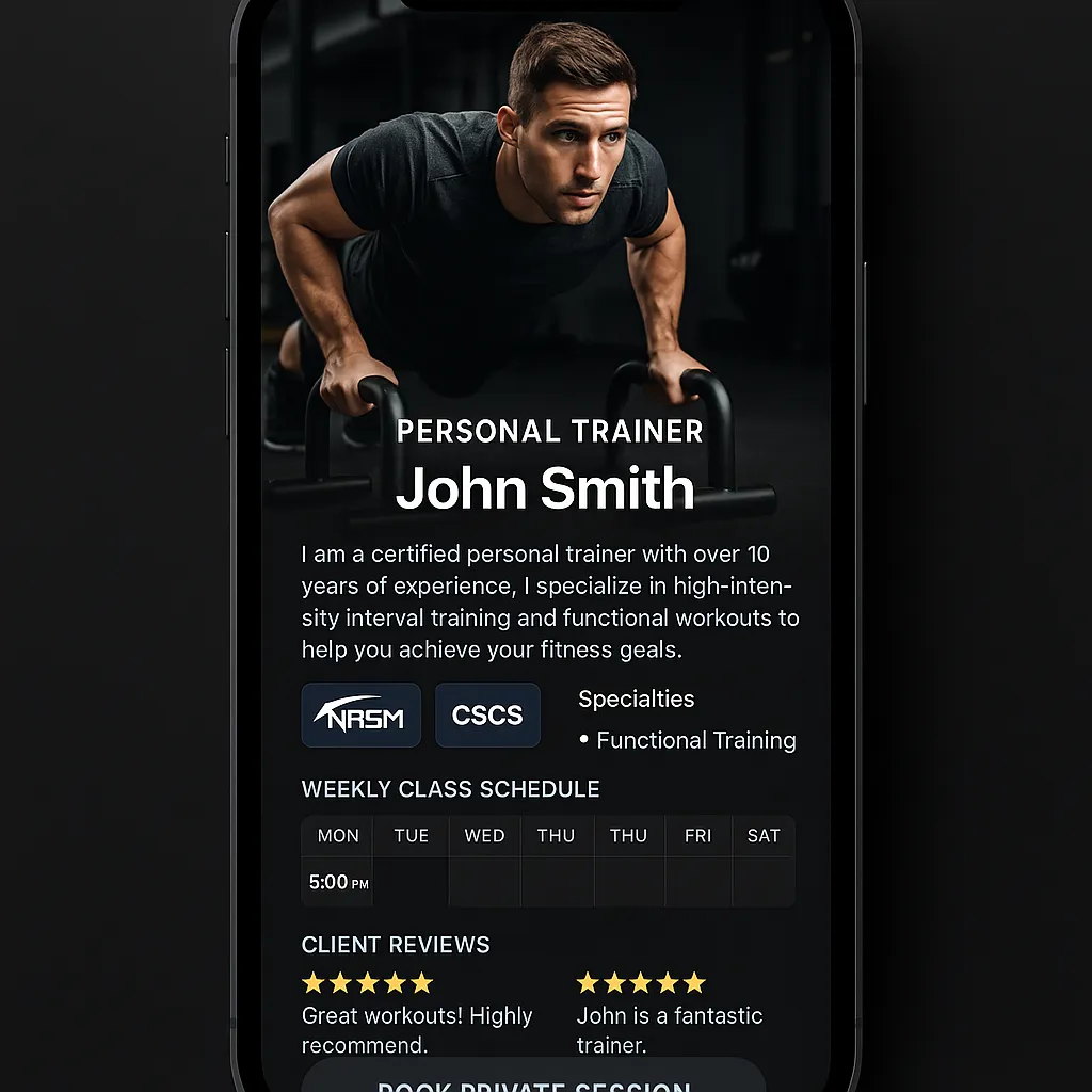 Trainer profile page showcasing certifications, specialties, and class schedule