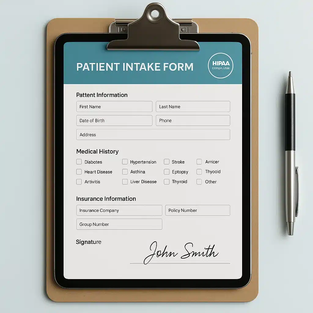 HIPAA-compliant digital patient intake form on iPad in medical office