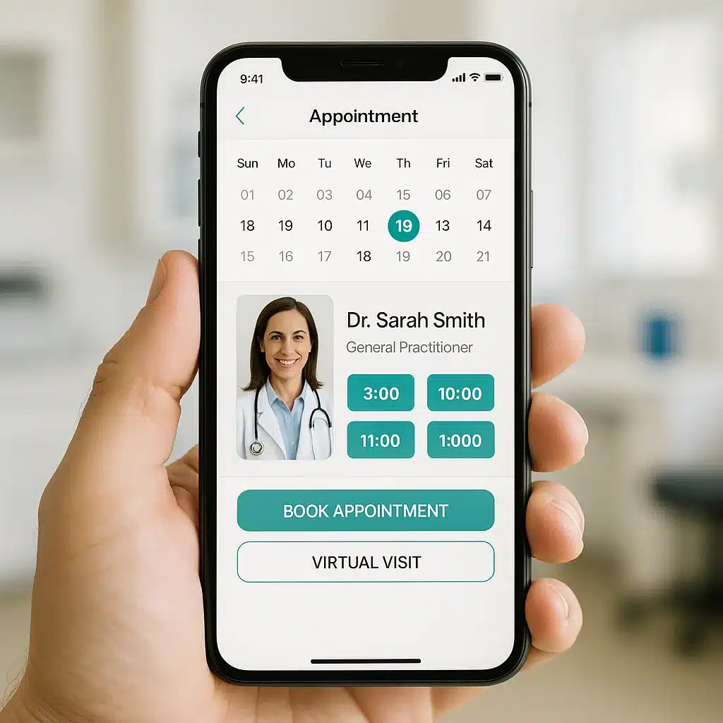 Online medical appointment booking app showing available time slots