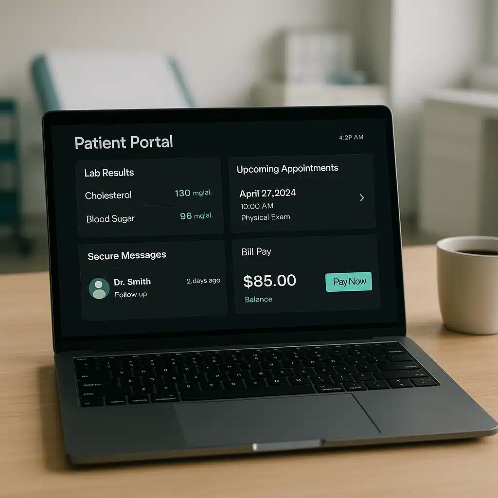 Patient portal dashboard showing lab results and secure messages