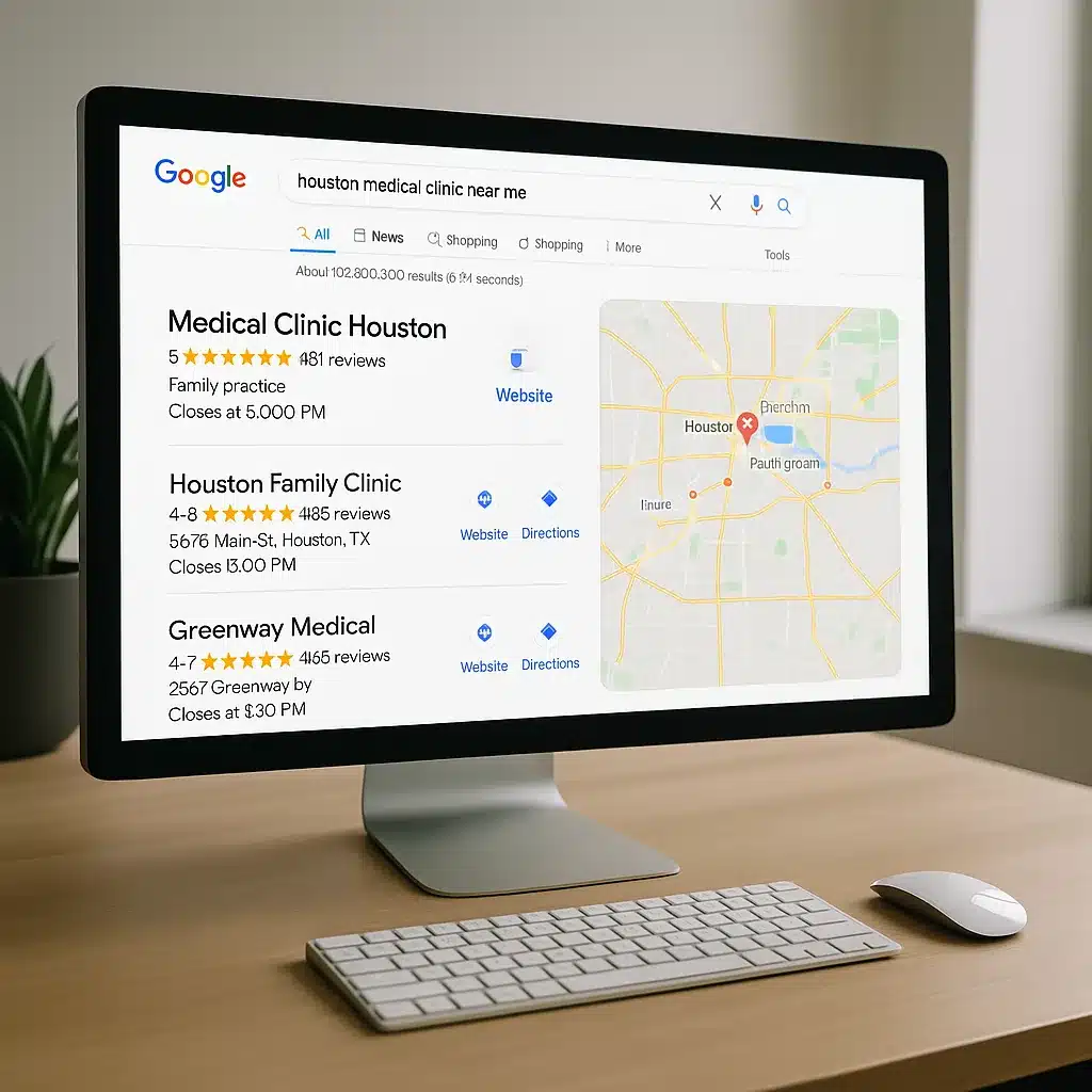 Google search results showing Houston medical clinic at top of local results