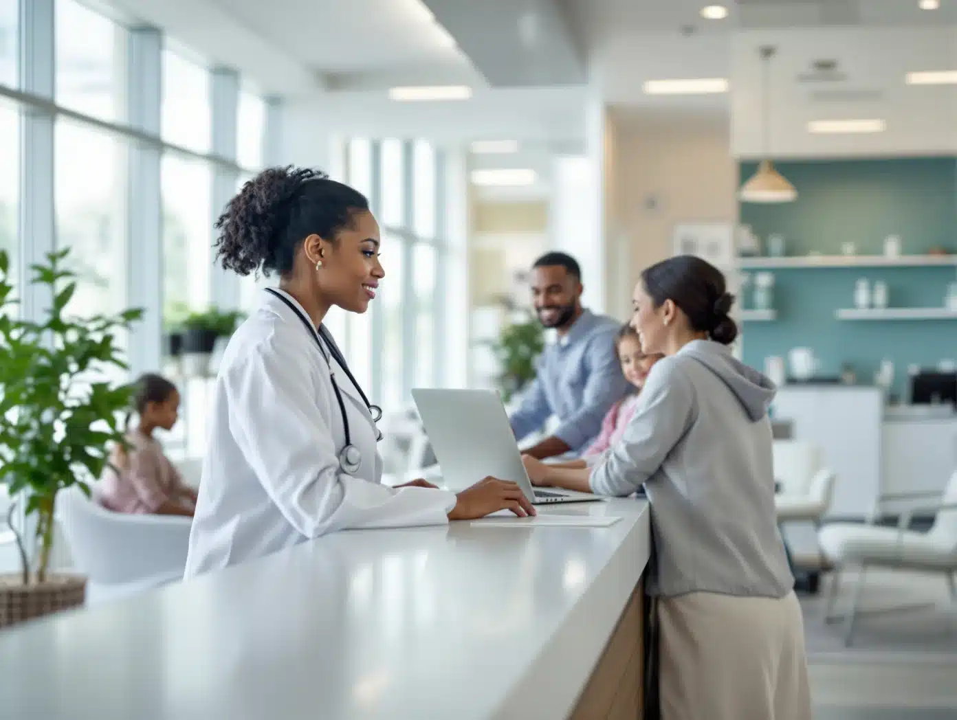 Modern Houston medical clinic reception area with physician greeting patients