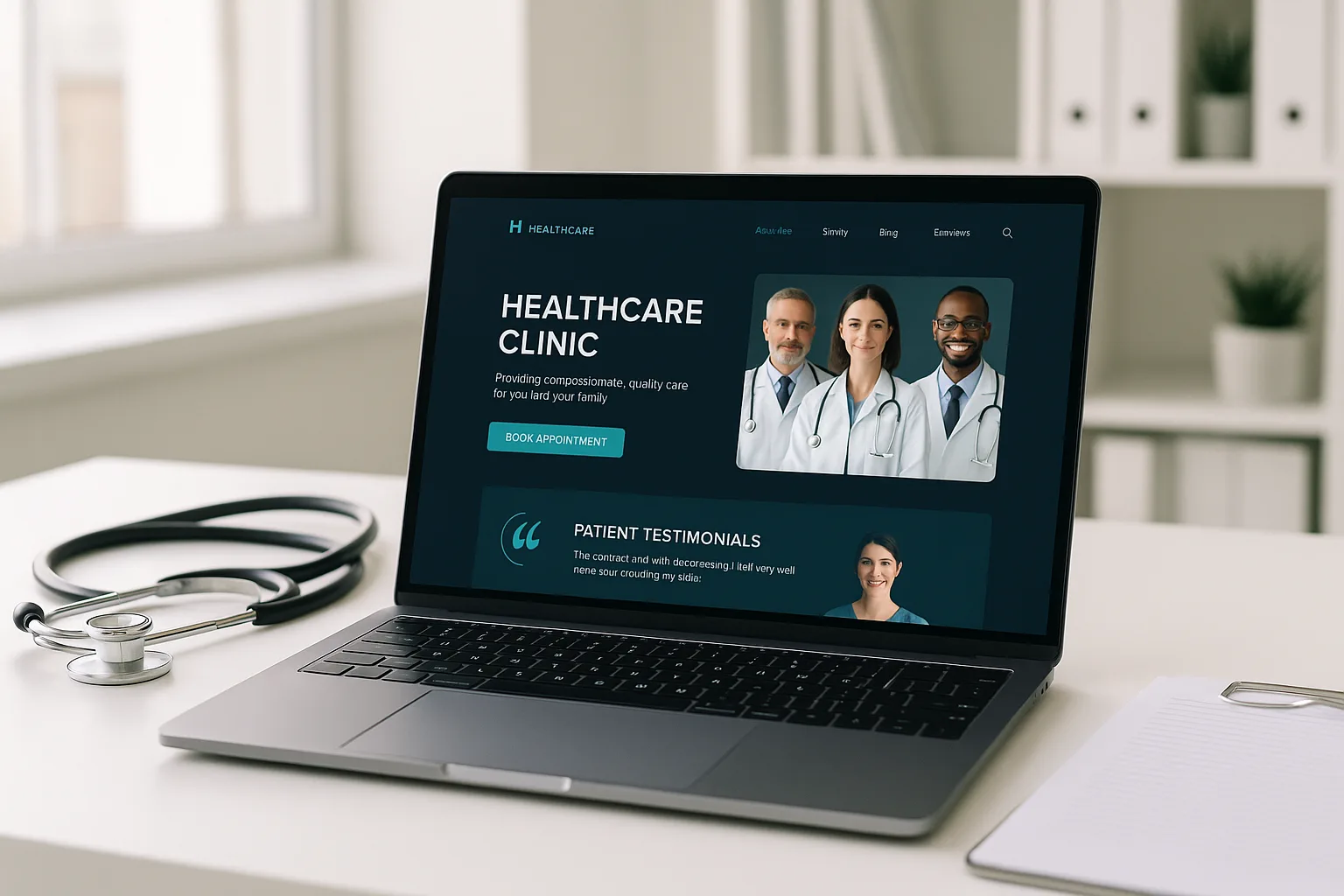Healthcare clinic website displayed on laptop showing appointment booking and patient portal