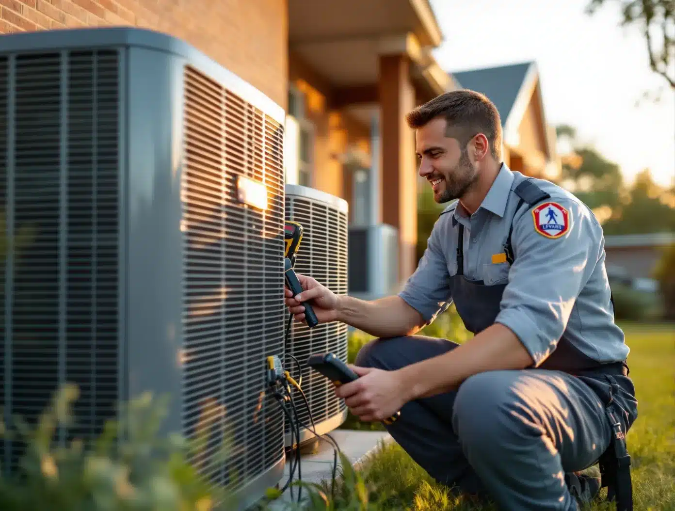 Houston HVAC technician servicing an outdoor AC unit at a suburban home