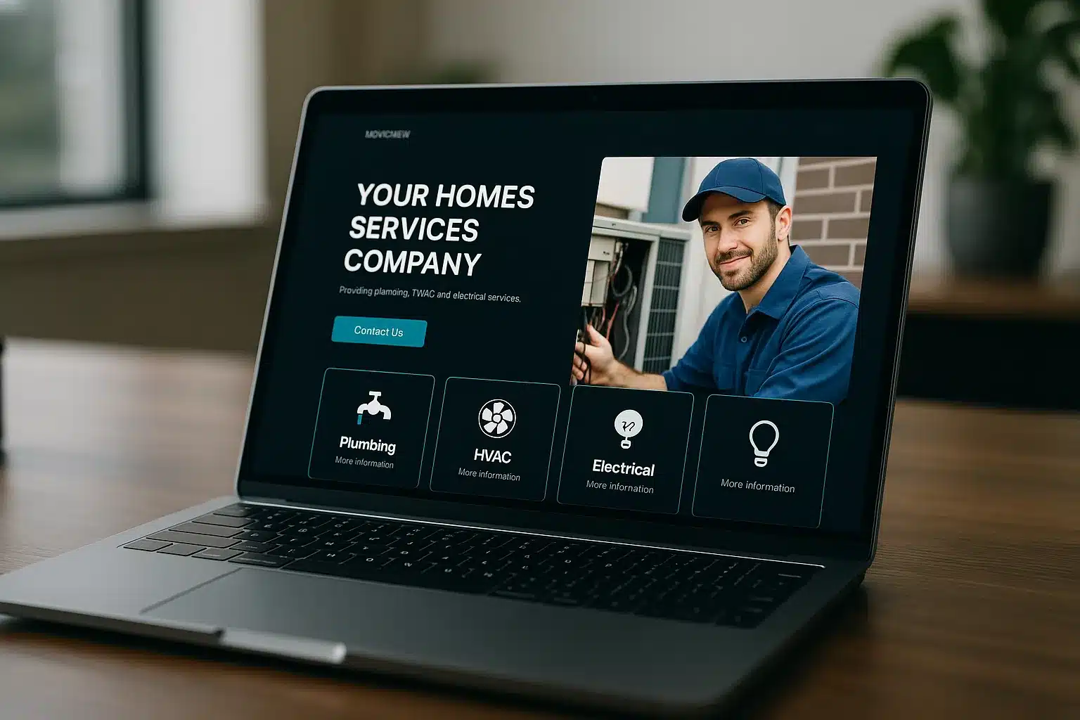 Professional home services website displayed on laptop showing booking interface