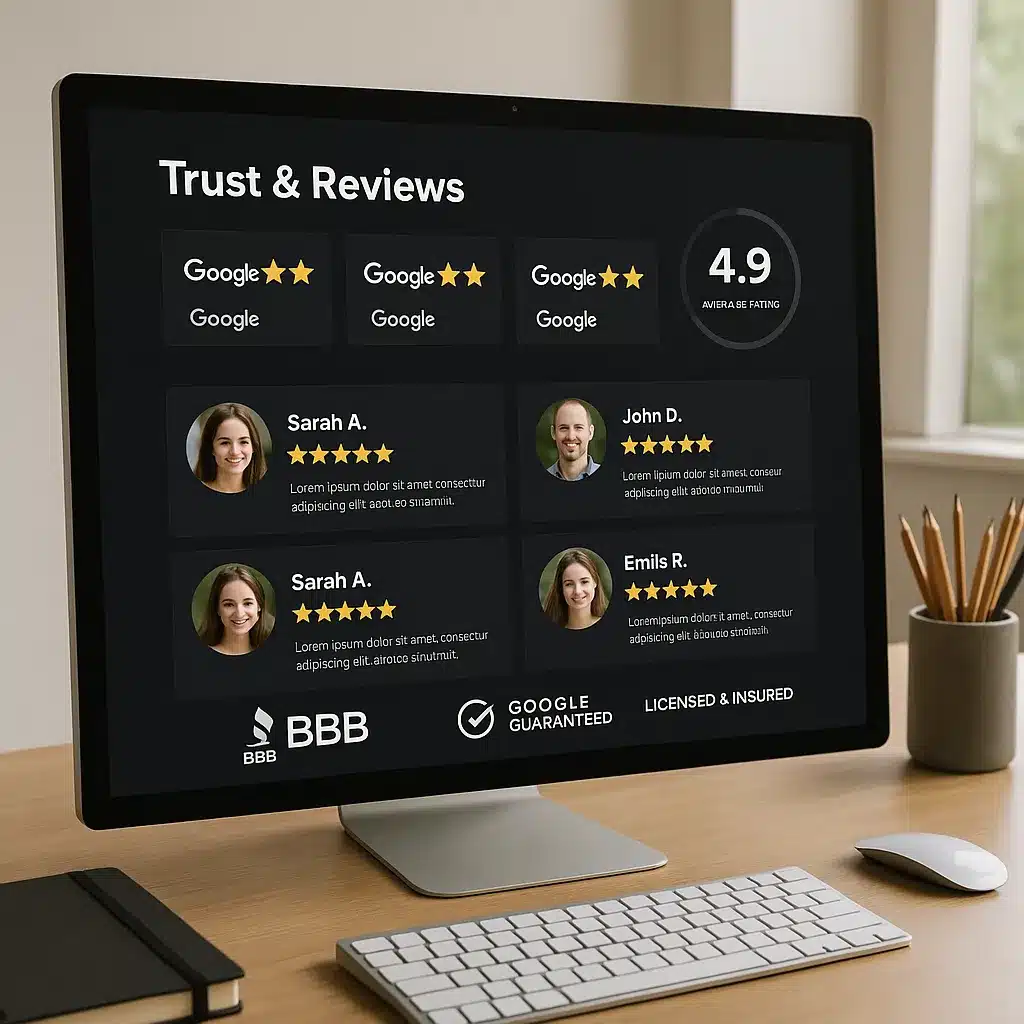 Trust and reviews section showing Google ratings for home services