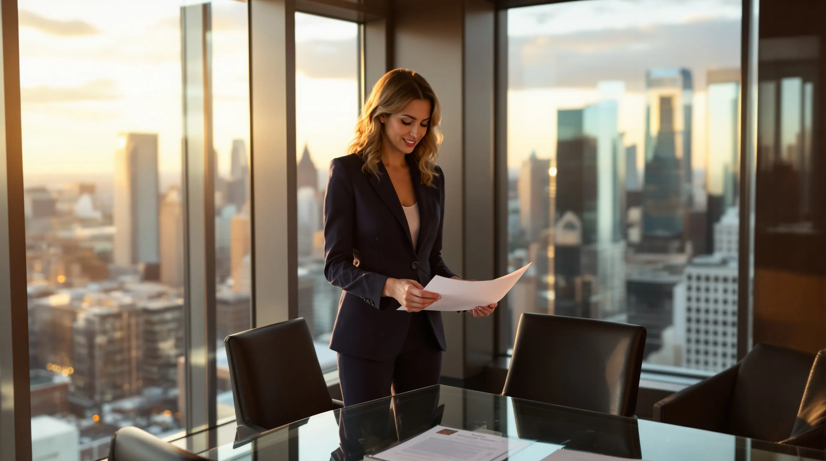 Houston attorney in modern high-rise law office reviewing case documents