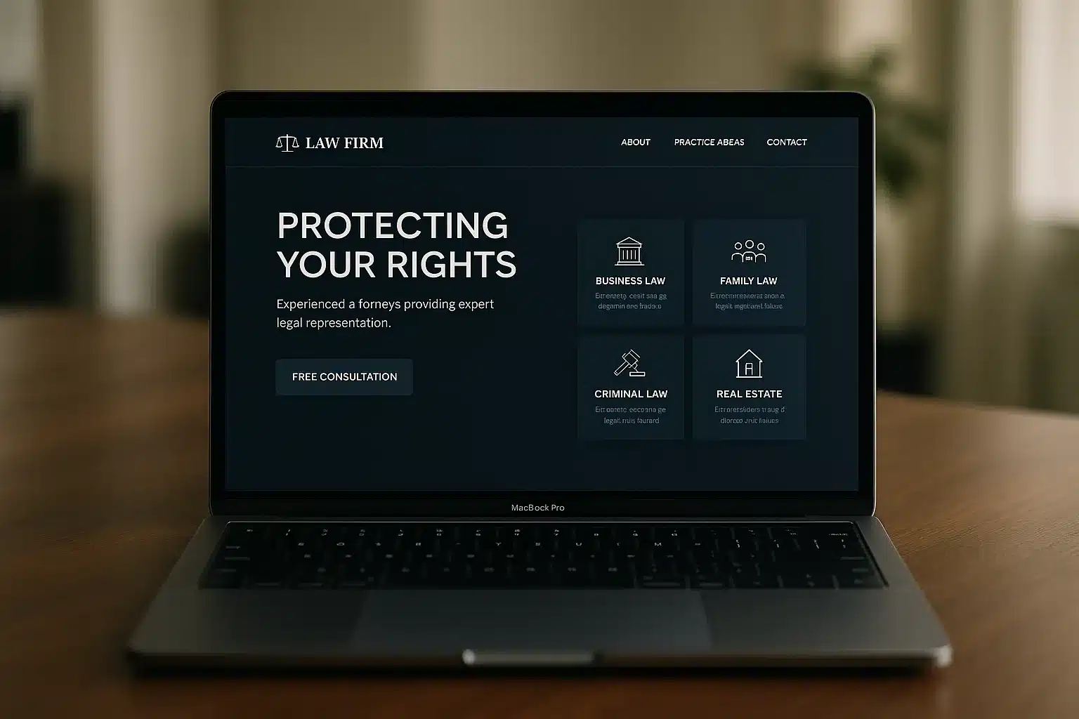 Modern law firm website design displayed on laptop showing practice areas and consultation booking