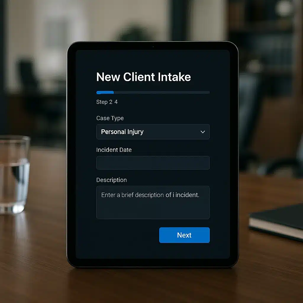 Intelligent legal client intake form with case type selection and lead scoring on iPad