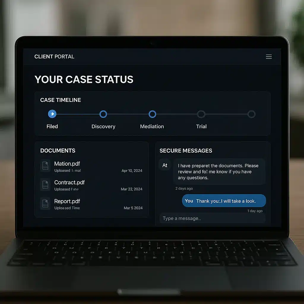 Secure client portal showing case timeline milestones and document sharing