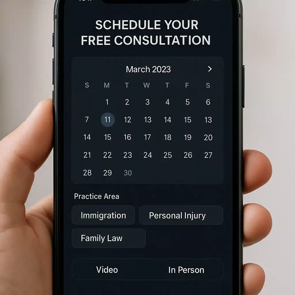 Online consultation booking app with calendar and practice area selection