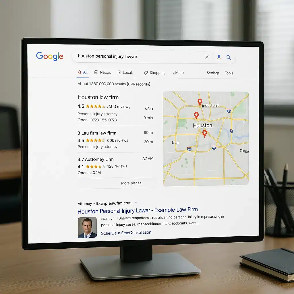 Google search results showing Houston law firm ranking in local pack with reviews