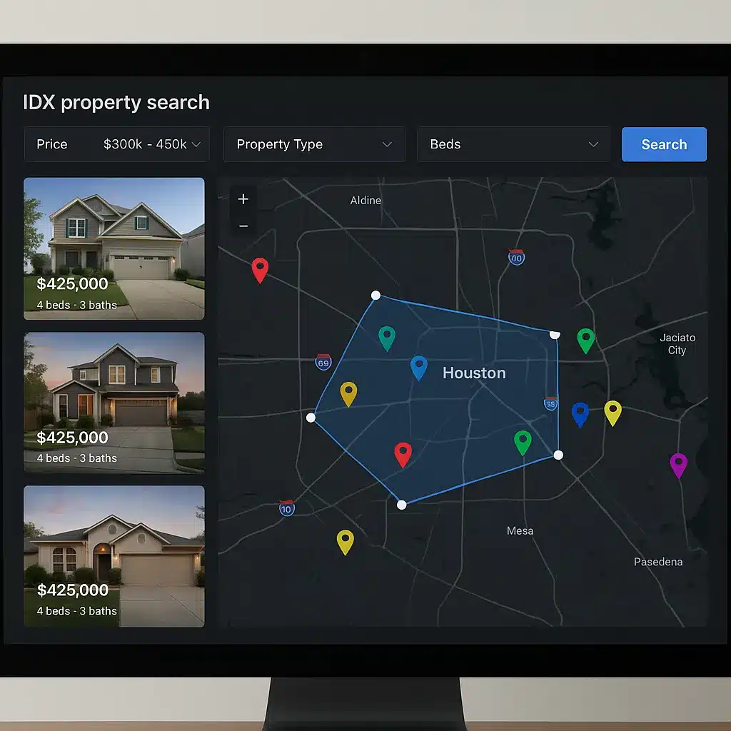 IDX property search interface with interactive map, filters, and Houston MLS listing results