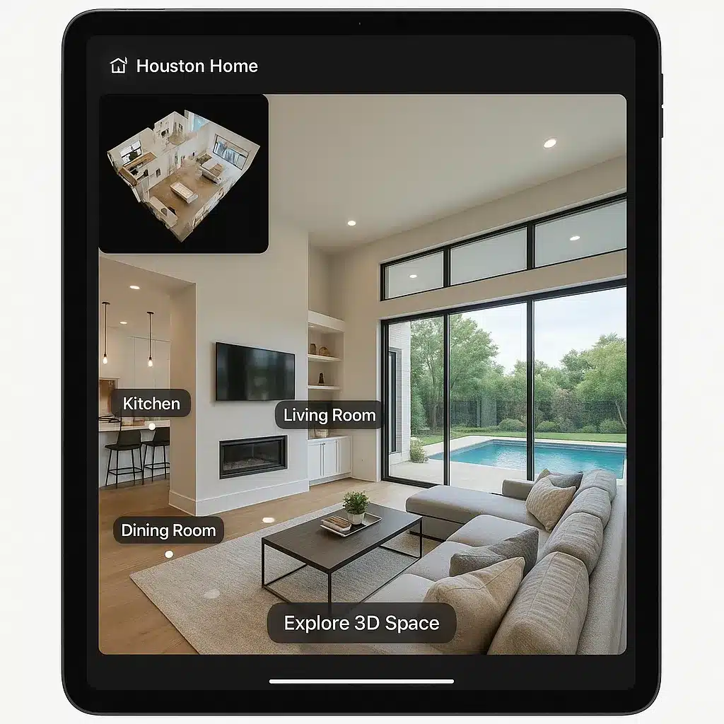Matterport 3D virtual tour embedded in real estate listing page with floor plan view