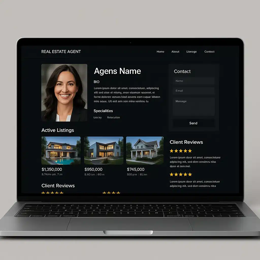 Real estate agent profile page with headshot, bio, active listings, reviews, and contact form