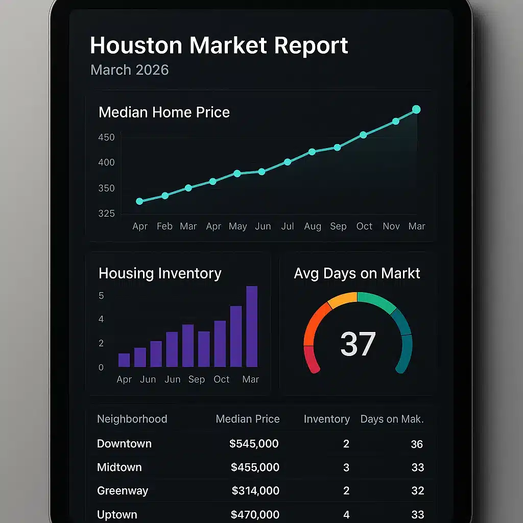 Automated market report showing Houston housing trends, median prices, and days on market statistics