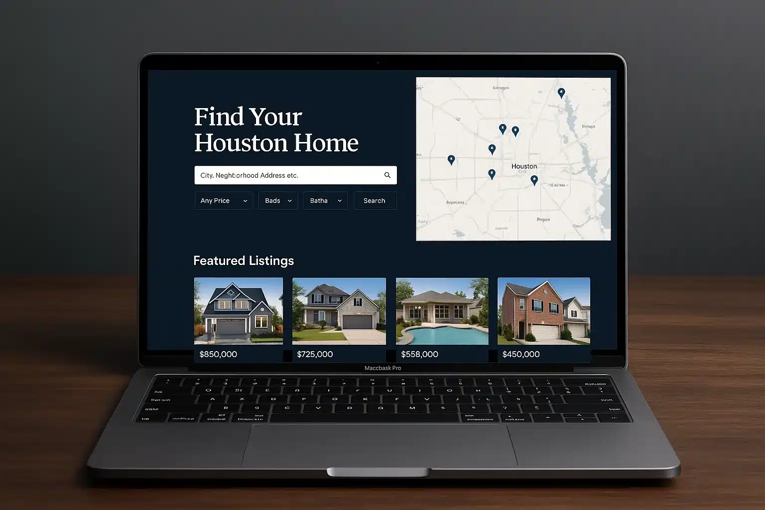 Modern real estate website design on laptop showing IDX property search with map view and listing cards
