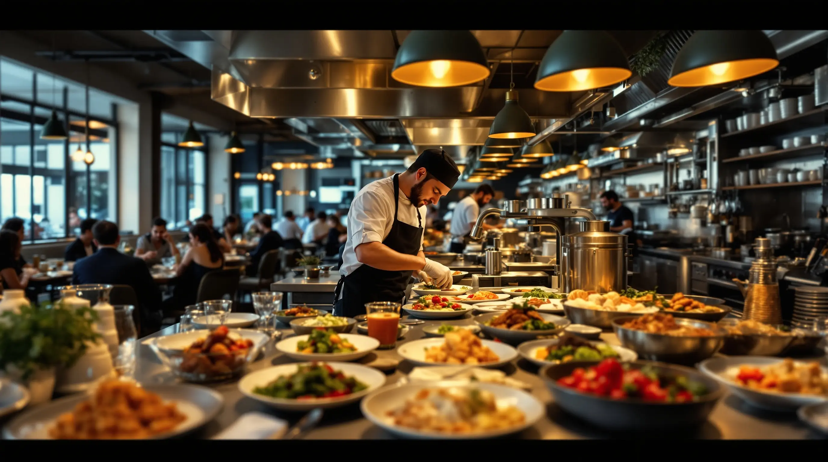 Houston restaurant kitchen with chef plating dishes and digital ordering system on tablet