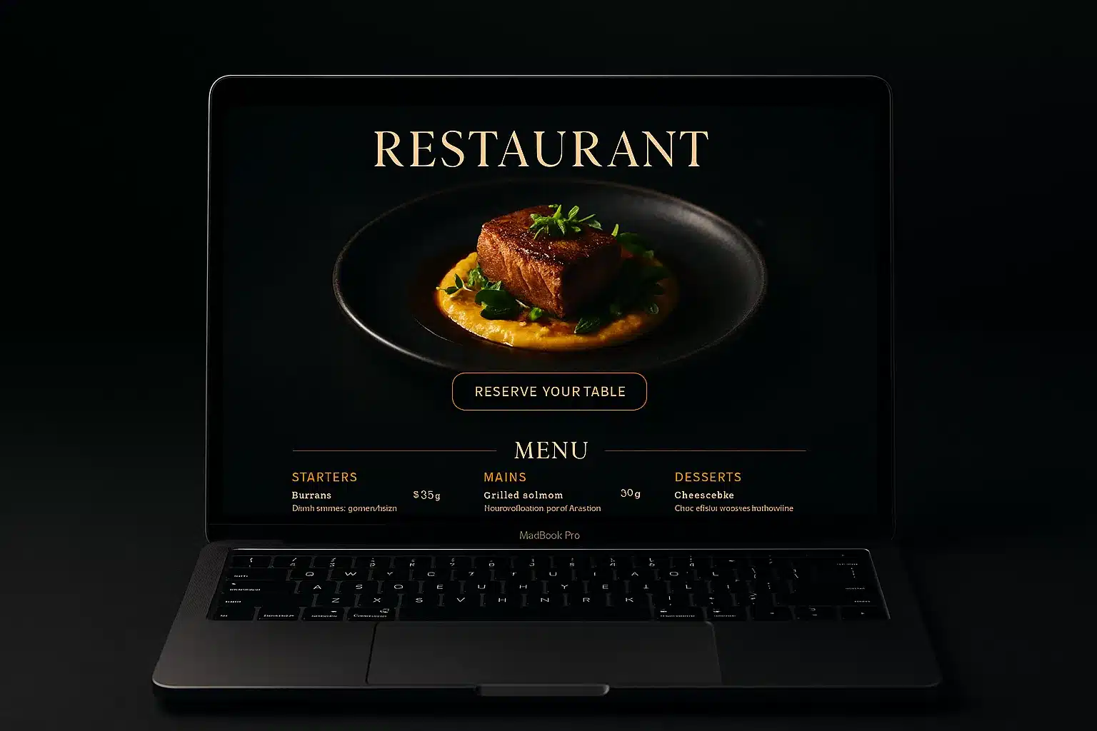 Modern restaurant website design on laptop showing digital menu with food photography and online ordering